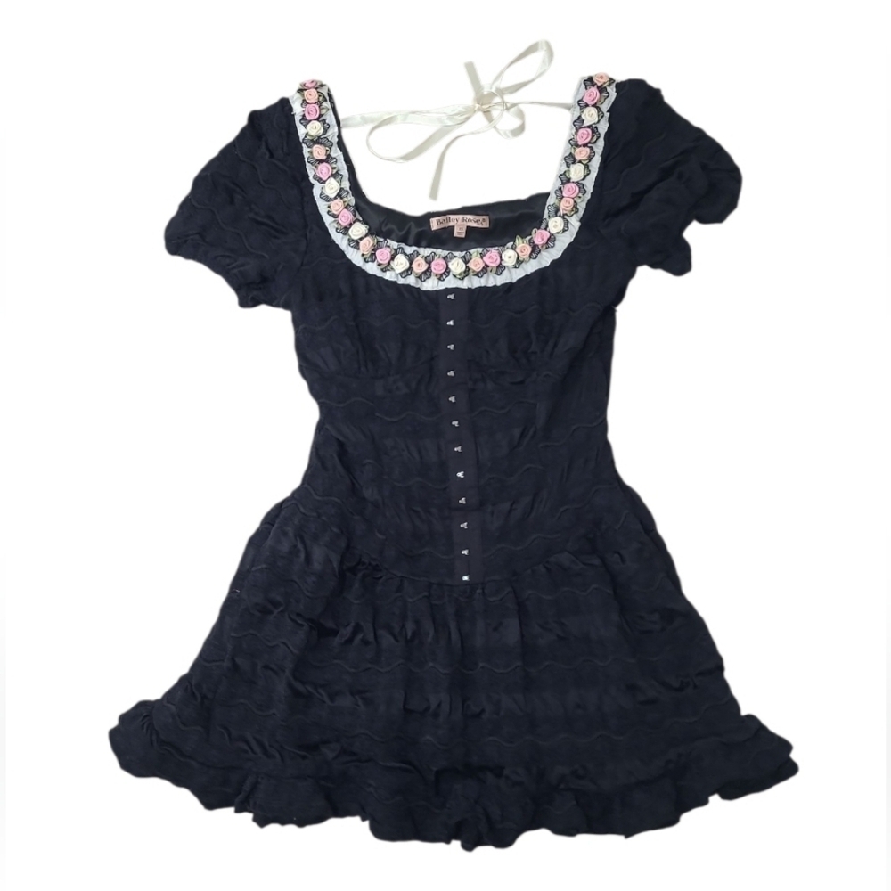 Bailey Rose Rose Neckline Ribbon Tie Back Lace Mini Dress Black Size XS - Picture 1 of 14